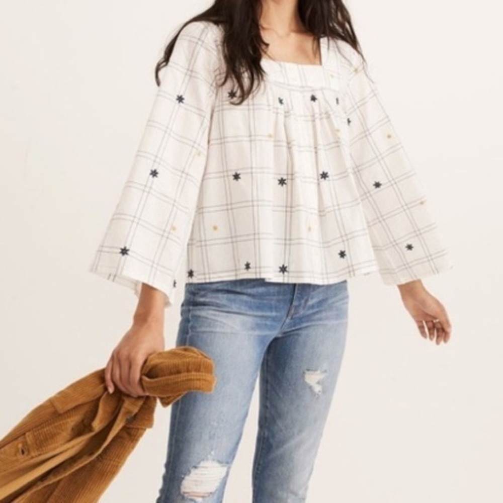 Madewell Embroidered Windowpane Square Neck Button Down Top Size X-Small